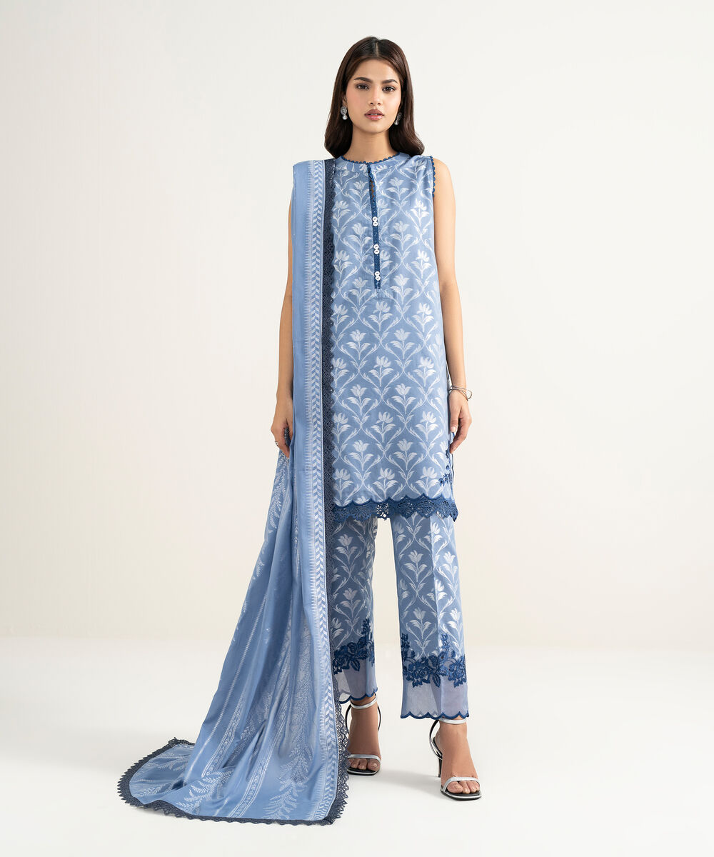 Women's RTW Extra Weft Jacquard Embroidered Blue 2 Piece Suit