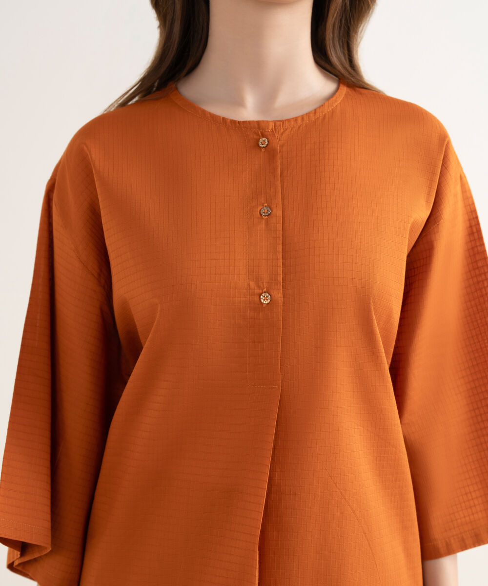 Women's RTW Handwoven Dobby Solid Boxy Orange Shirt