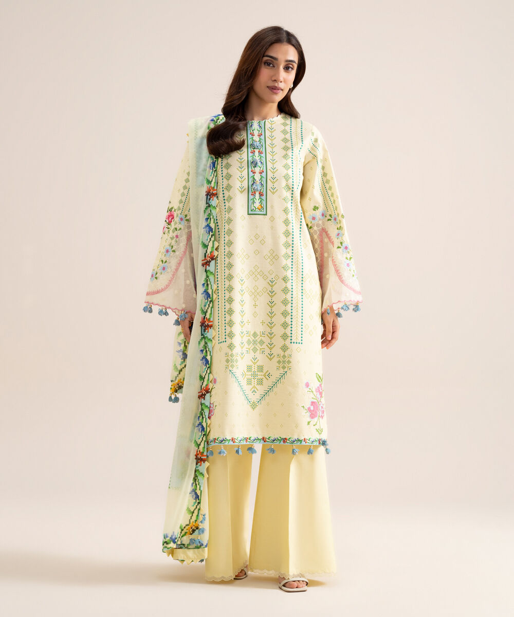 Women's Unstitched Zari Cotton Embroidered Butter Yellow  3 Piece Suit