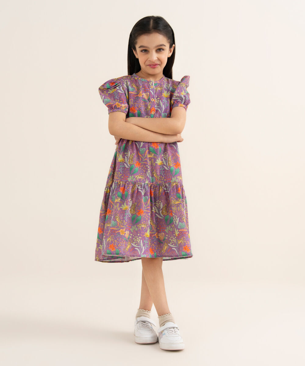 Girl's Khaddar Printed Purple Tier Dress