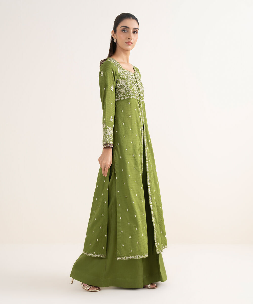 Women's RTW Textured Cotton Embroidered A-Line Green Shirt