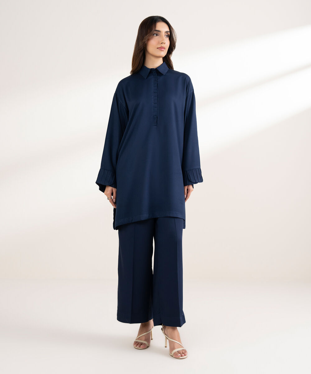 Women's RTW Bedford Solid Drop Shoulder Blue Shirt