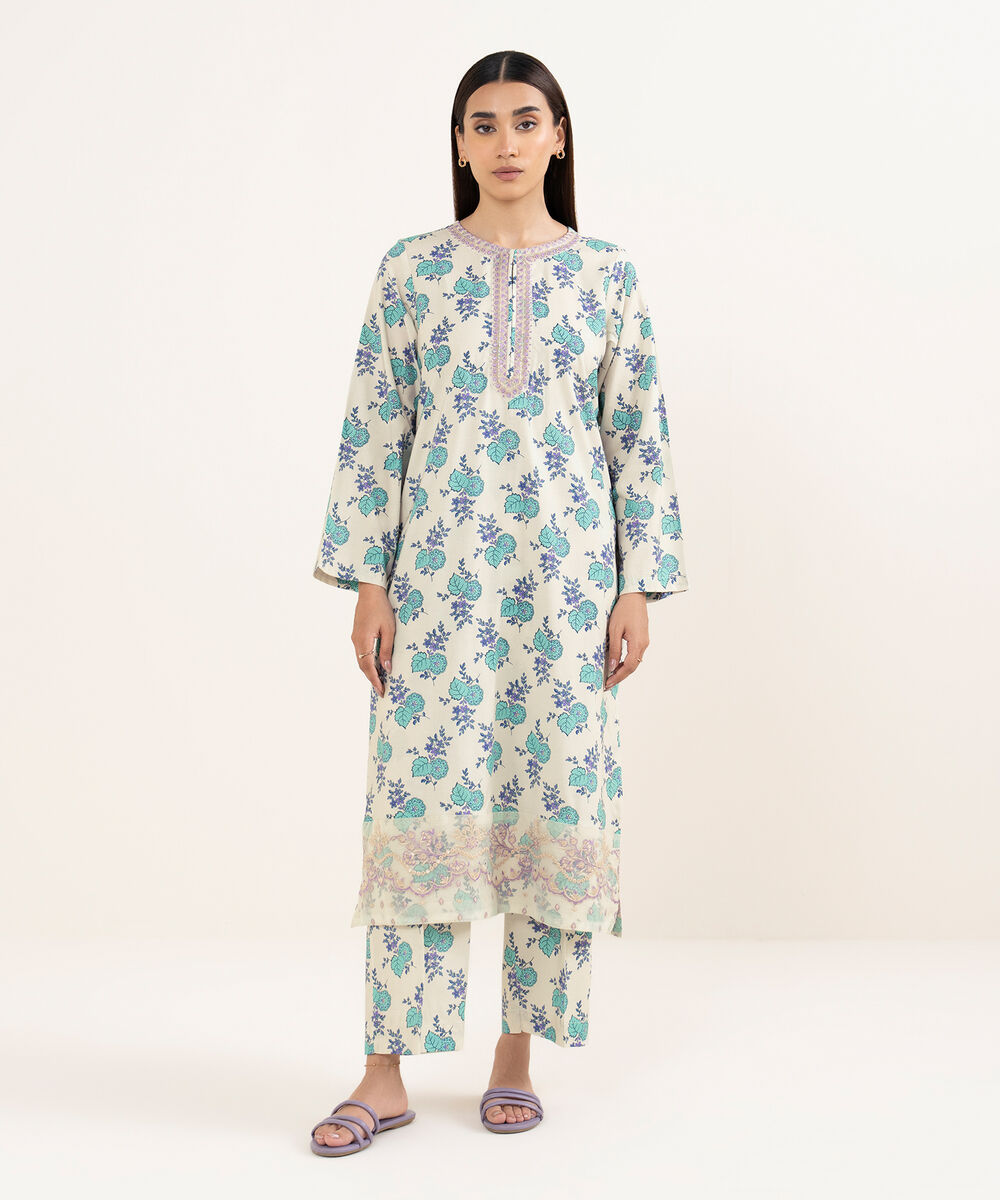 Women's RTW Lawn Beige Embroidered A-Line Shirt