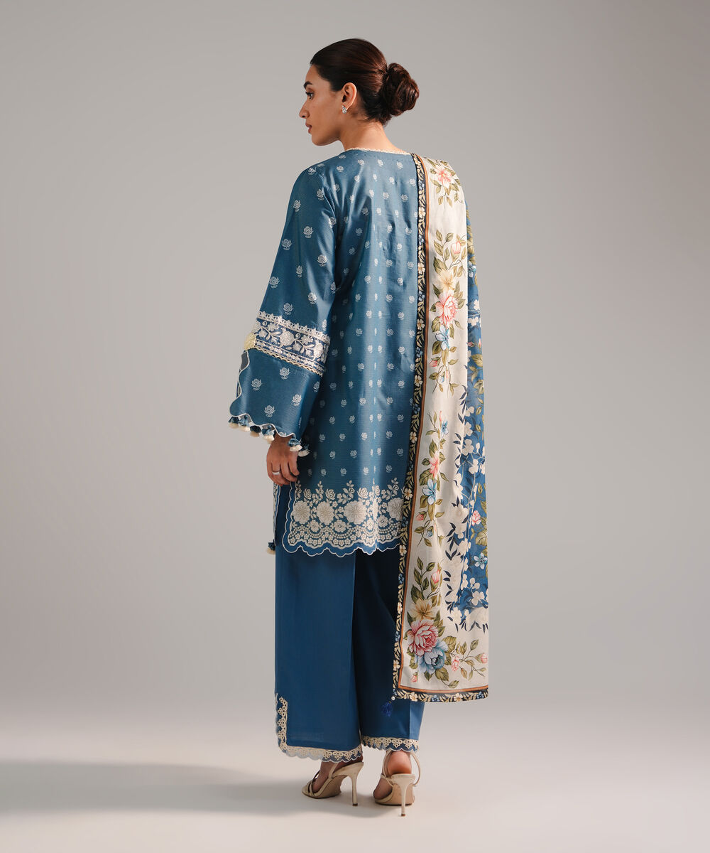 Women's RTW Zari Lawn Embroidered Blue 3 Piece Suit