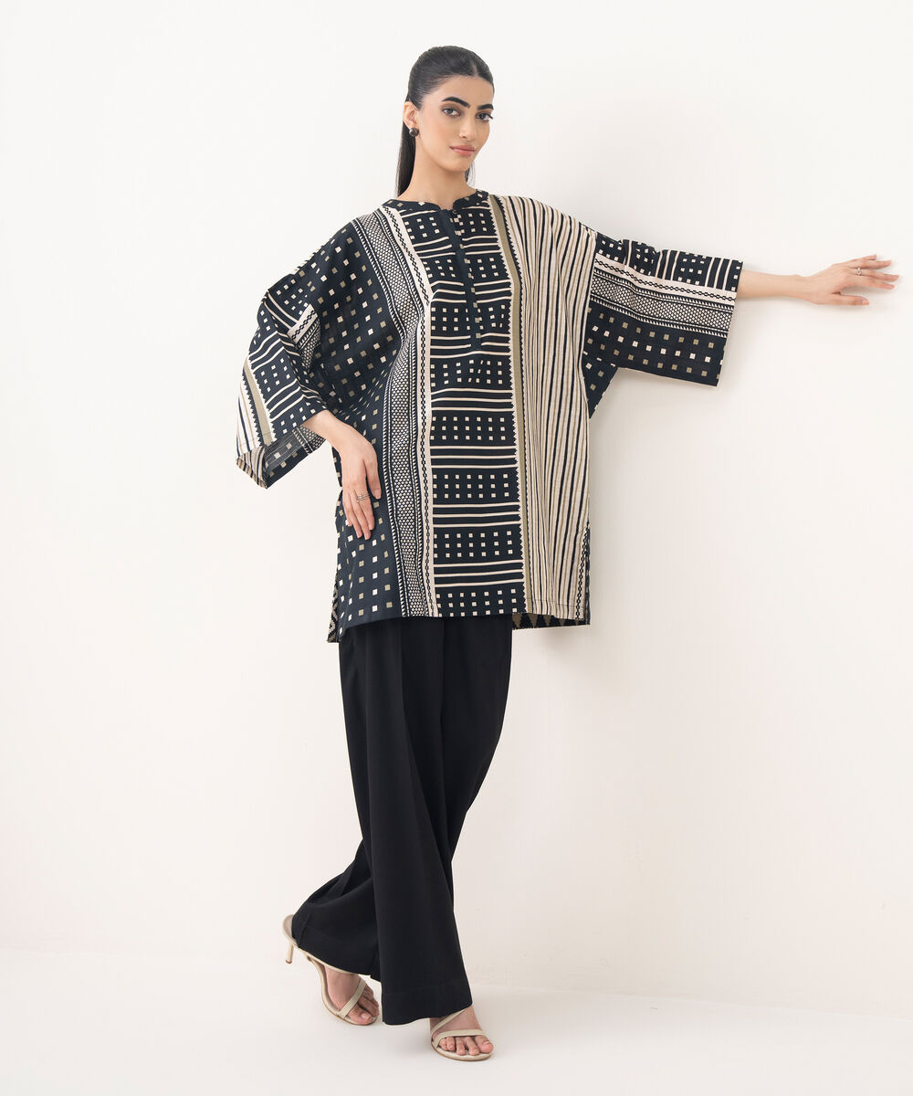 Women's RTW Light Khaddar Black Printed Boxy Shirt
