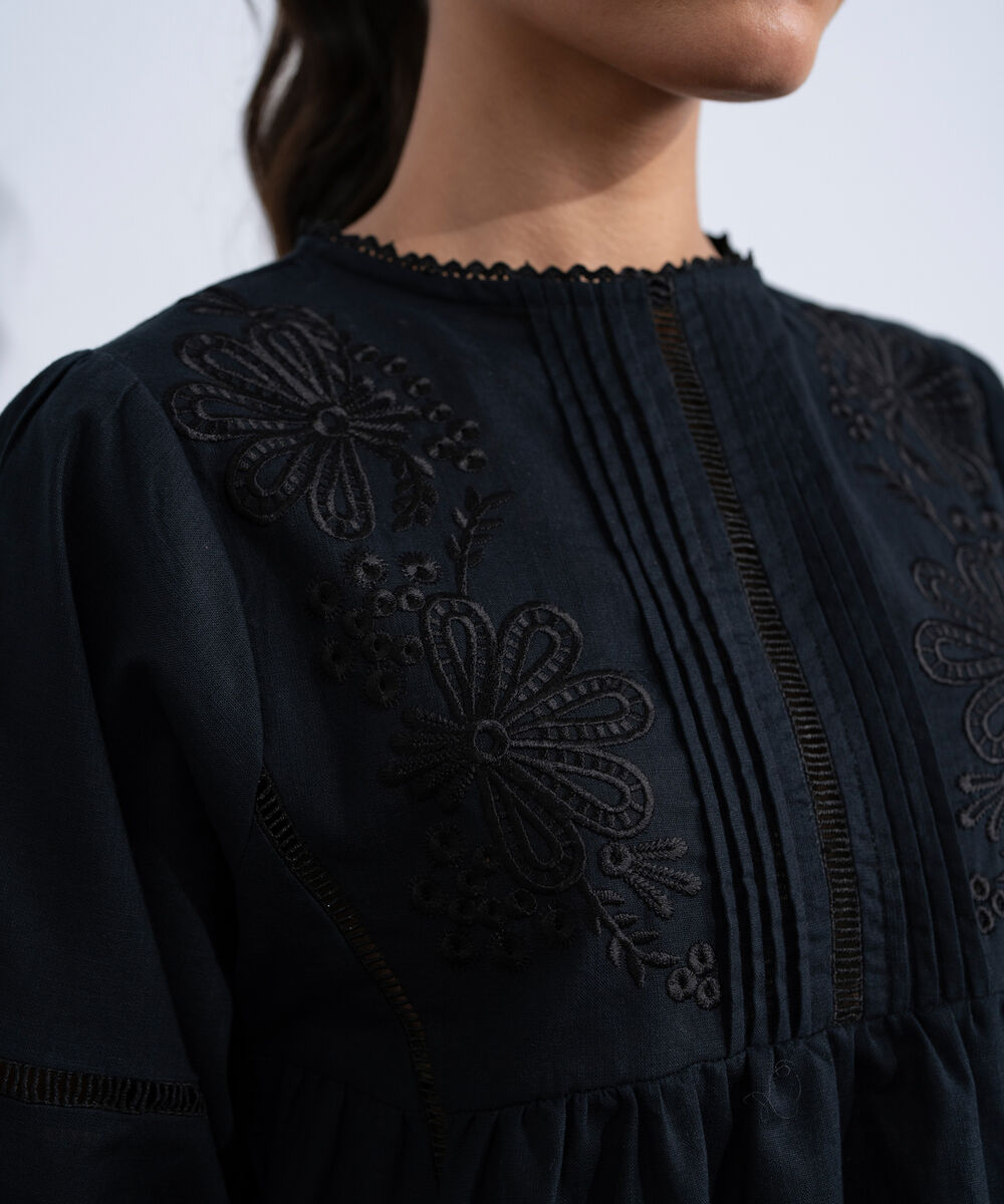 Women's Western Black Embroidered Top With Puffed Sleeve
