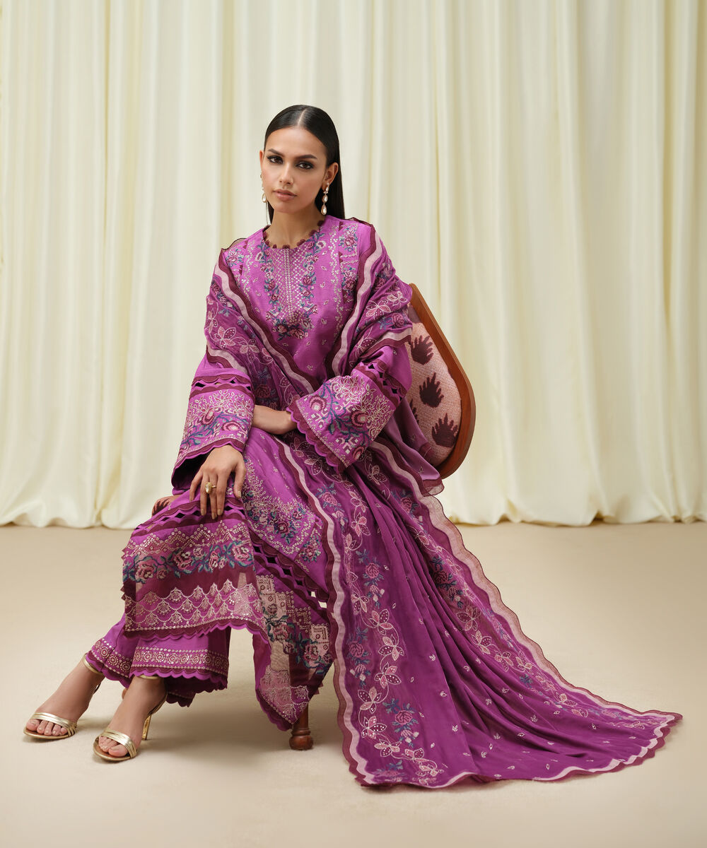 Women's Unstitched Raw Silk Embroidered Purple 3 Piece Suit