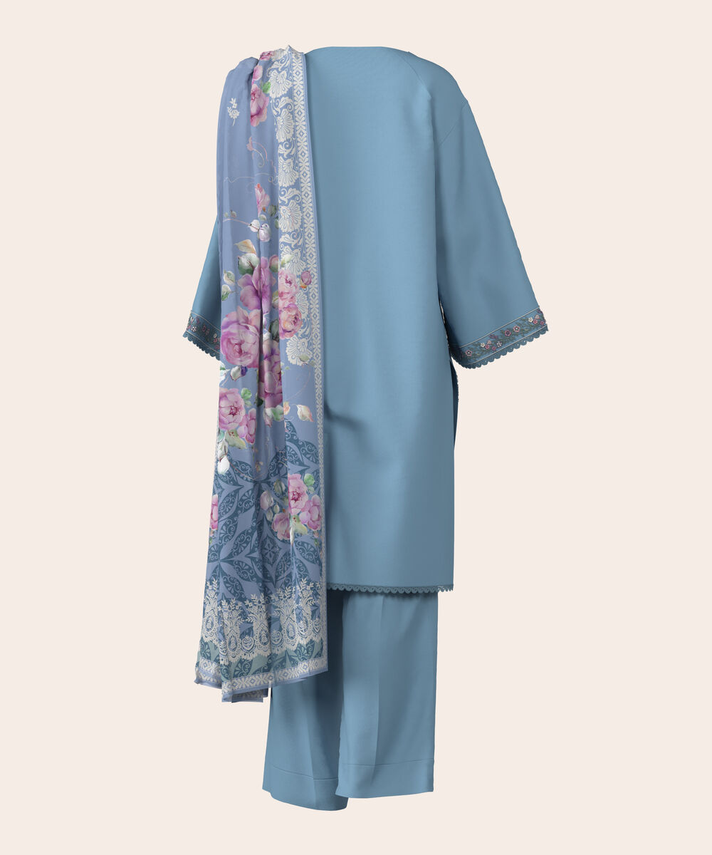 Women's Unstitched Lawn Blue  Embroidered 3 Piece Suit