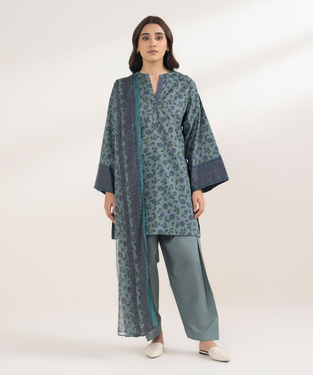Women's Unstitched Lawn Printed Green 3 Piece Suit