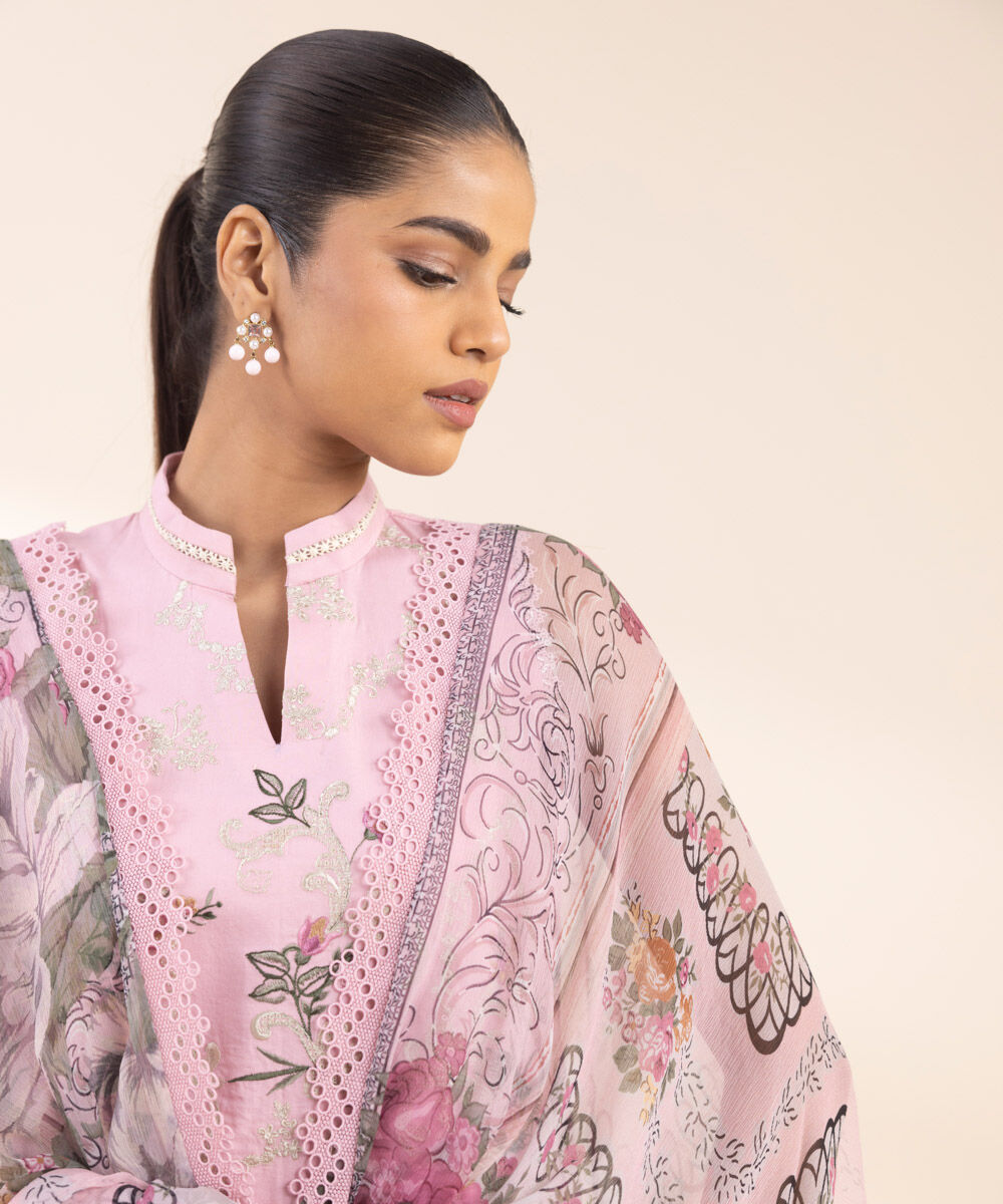 Women's Unstitched Embroidered Cotton Pink 3 Piece Suit