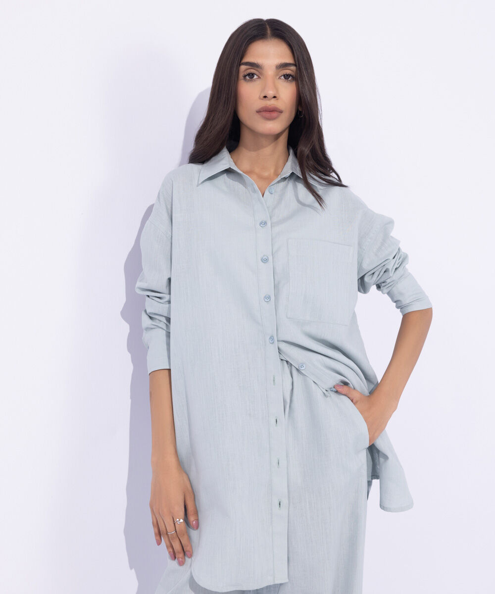 Women's Western Wear Blue Linen Blend Button Through Shirt