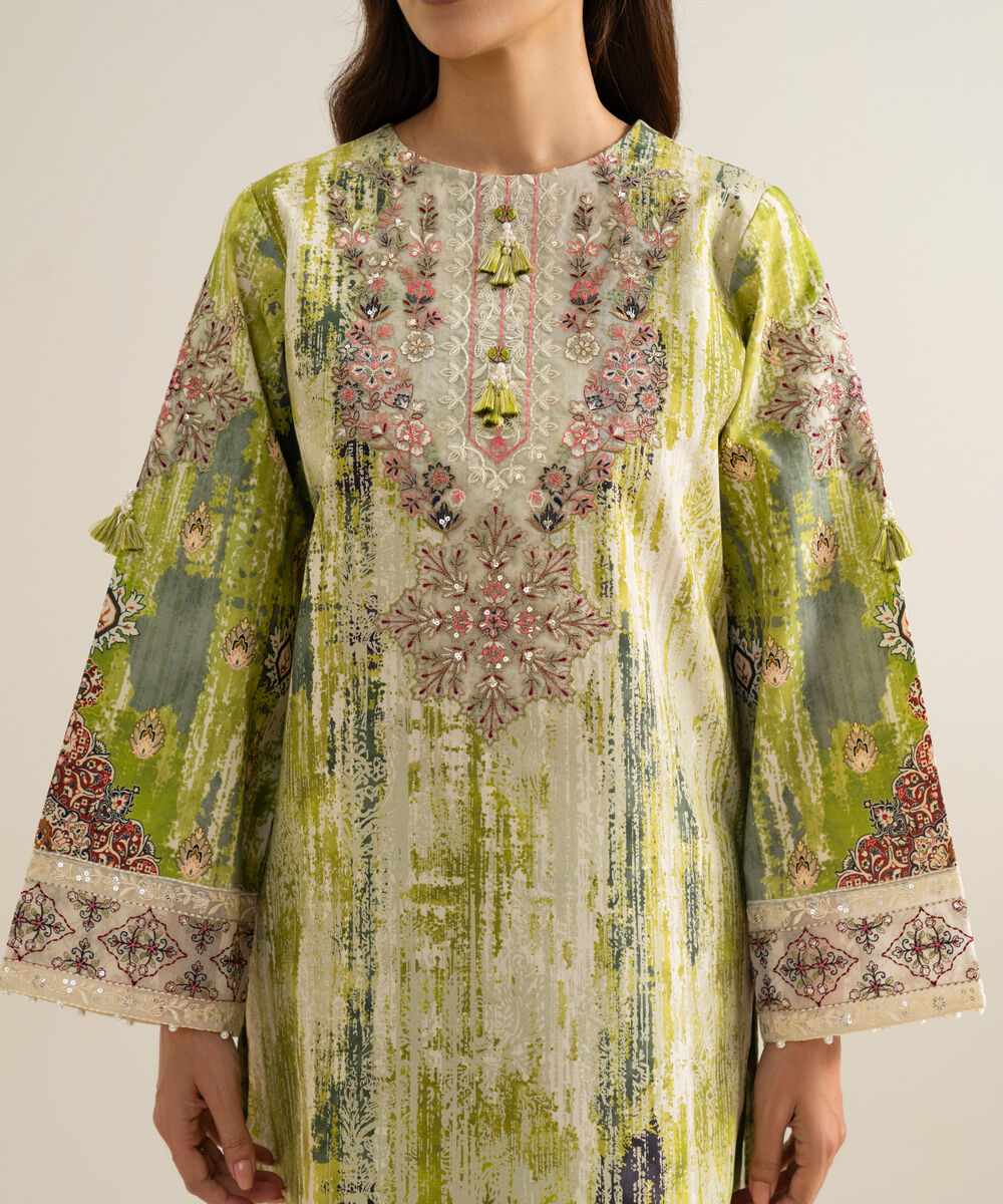 Women's Unstitched Blended Chiffon Printed Green & Off White 3 Piece Suit