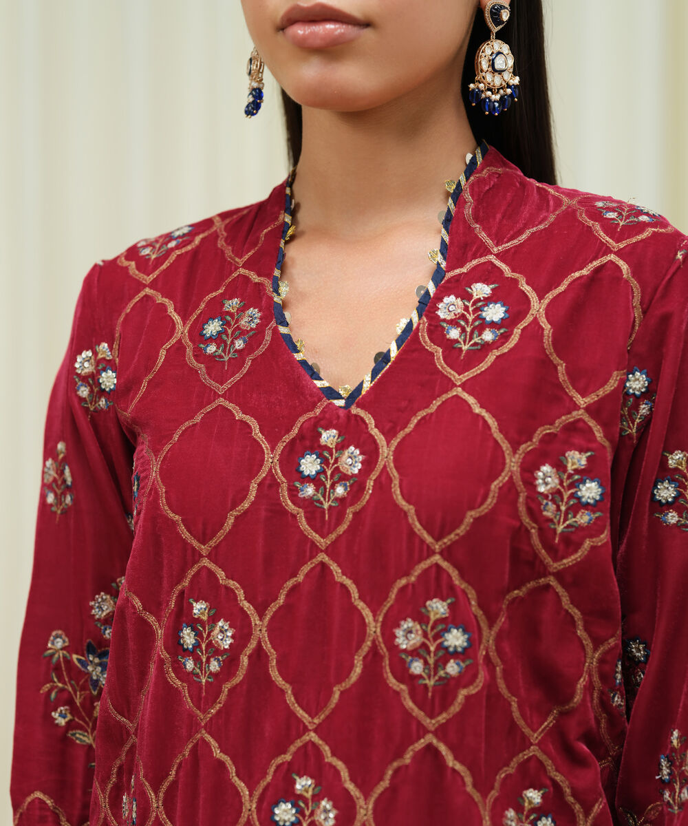 Women's Unstitched Velvet Embroidered Red 3 Piece Suit