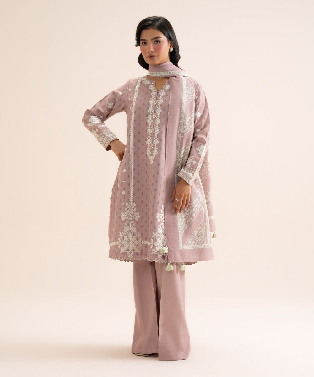 Women's Unstitched Light Khaddar Embroidered Light Mauve 3 Piece Suit