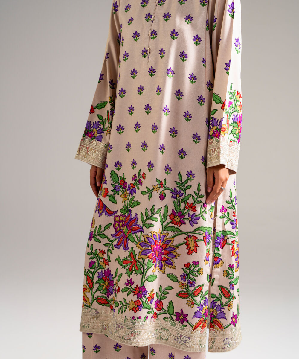 Women's RTW Self Jacquard Embroidered Beige 3 Piece Suit