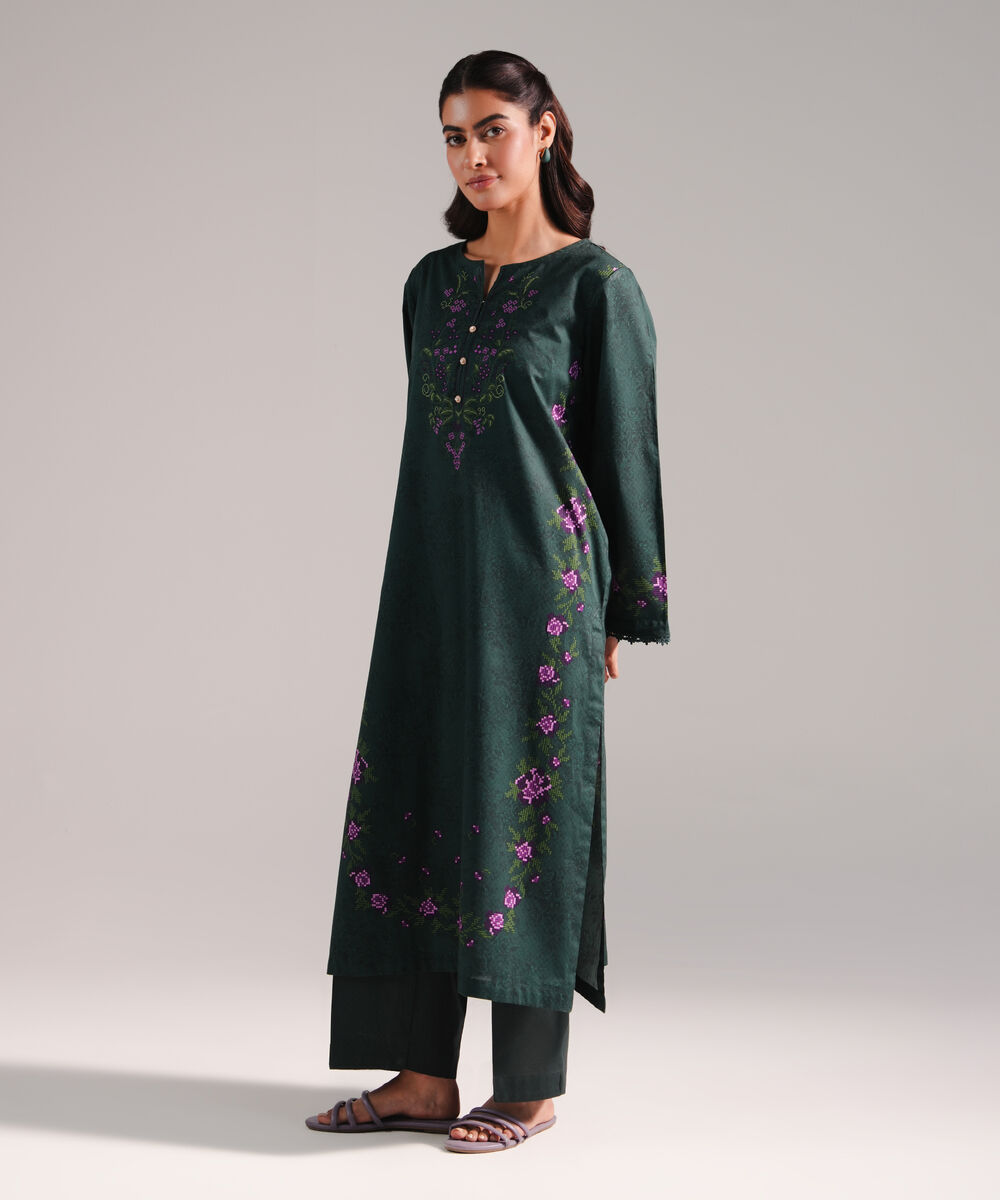 Women's RTW Dobby Printed Dark Green 2 Piece Suit