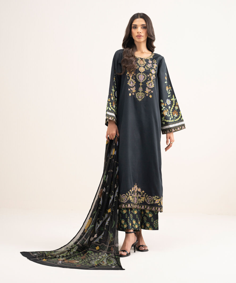 Women's RTW Cotton Satin Embroidered Black A-Line Shirt