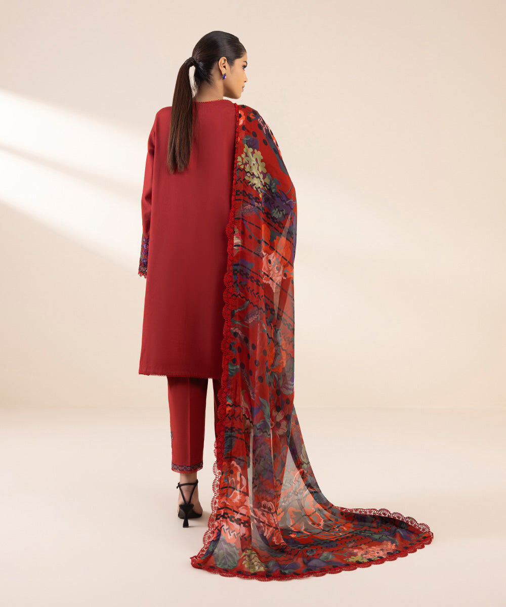 Woman - Red 3 Piece - Embroidered Cotton Satin Suit