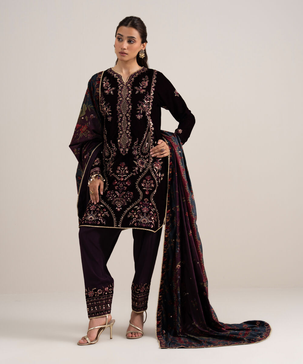 Women's Unstitched Embroidered Velvet Red 3 Piece Suit