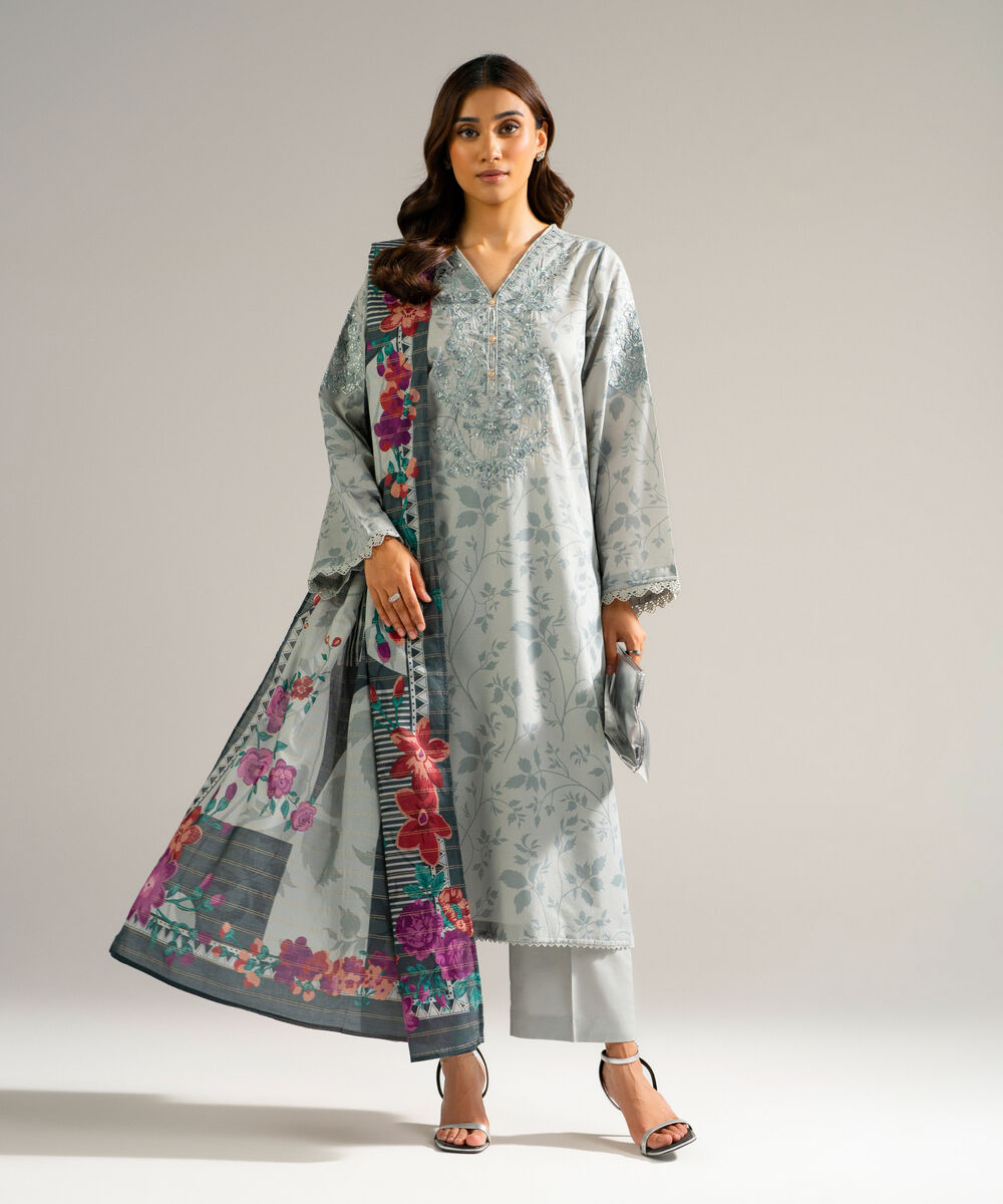 Women's RTW Zari Lawn Embroidered Grey 3 Piece Suit