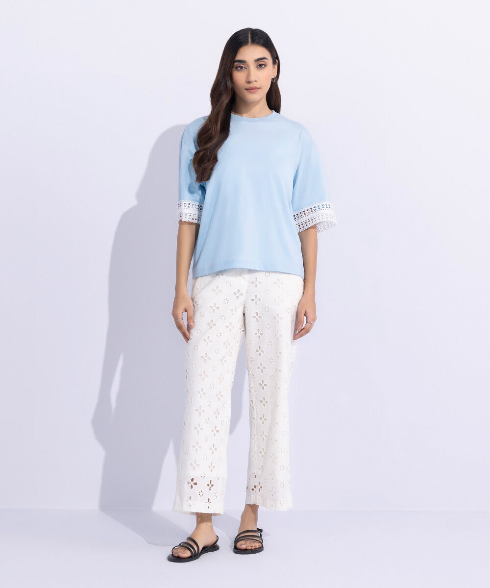 Women's Western Wear Blue Lace Trim T-Shirt