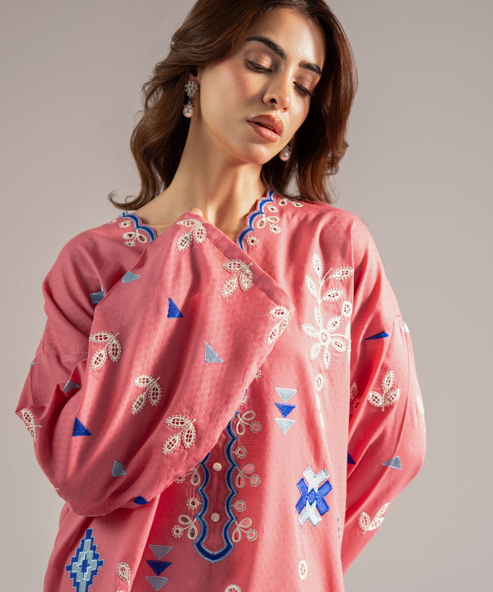 Women's RTW Dobby Embroidered Straight Pink Shirt