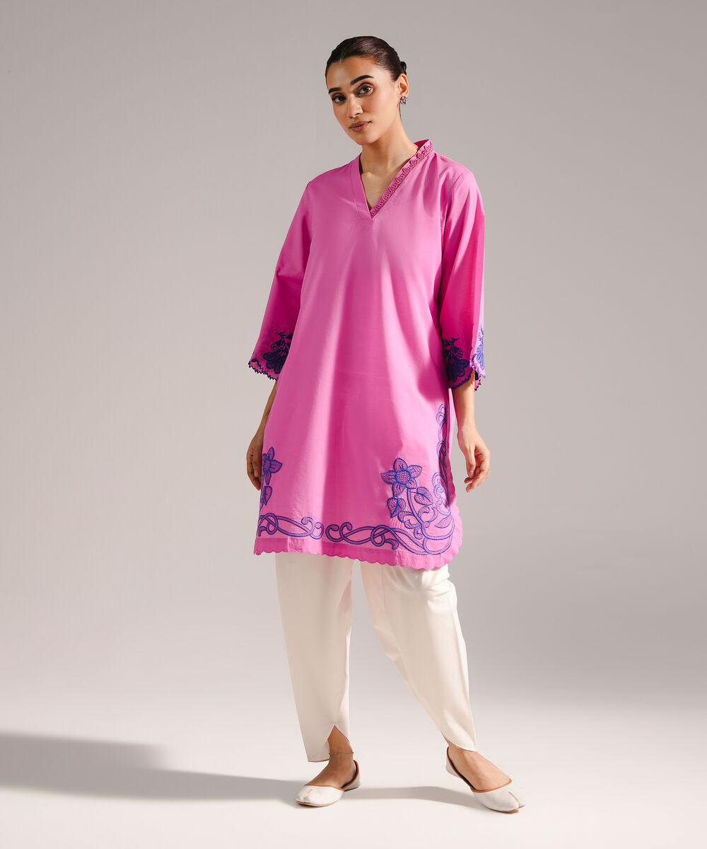 Women's RTW Slub Lawn Embroidered Straight Pink Shirt