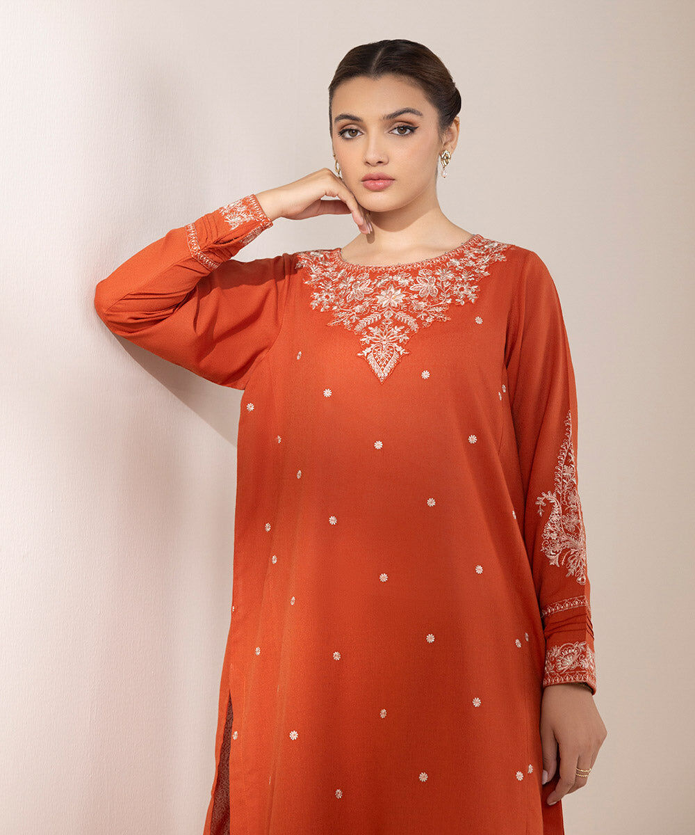 Woman - Orange Embroidered Cotton Karandi Shirt