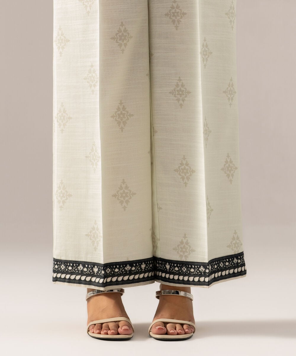 Women's RTW Printed White Khaddar Flared Pants