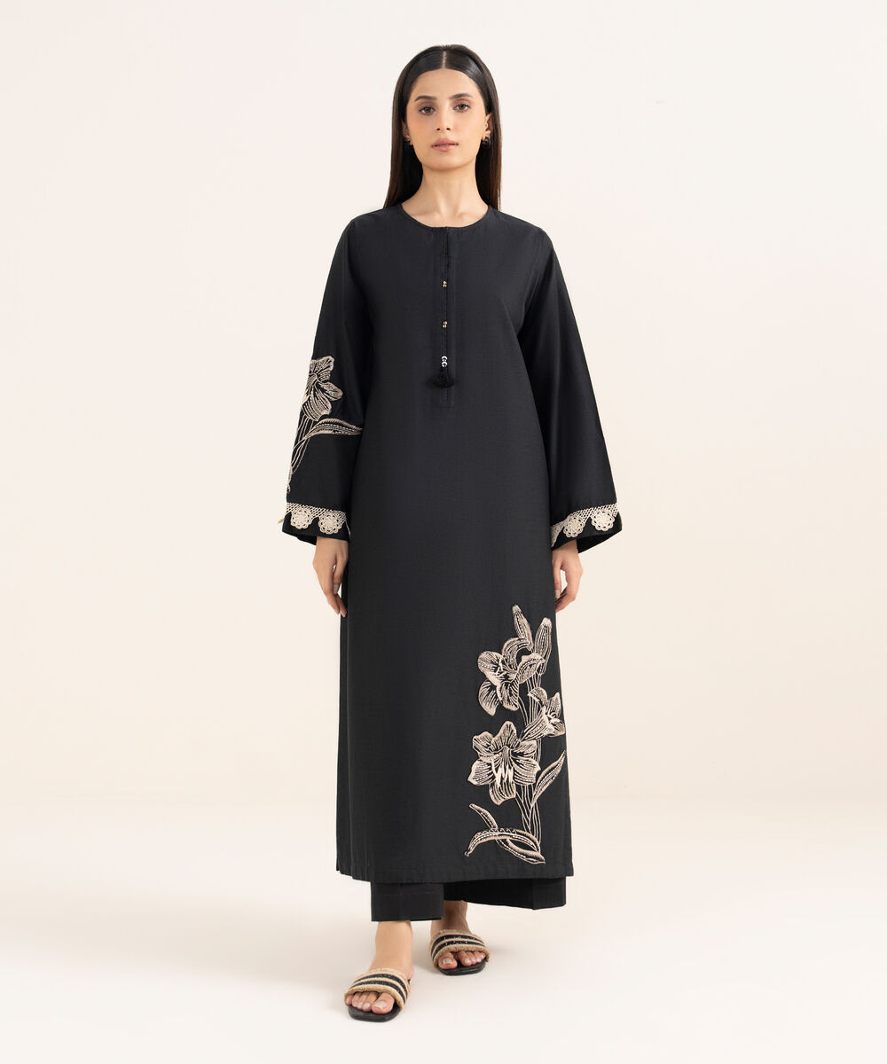 Women's RTW Lawn Viscose Black Embroidered A-Line Shirt