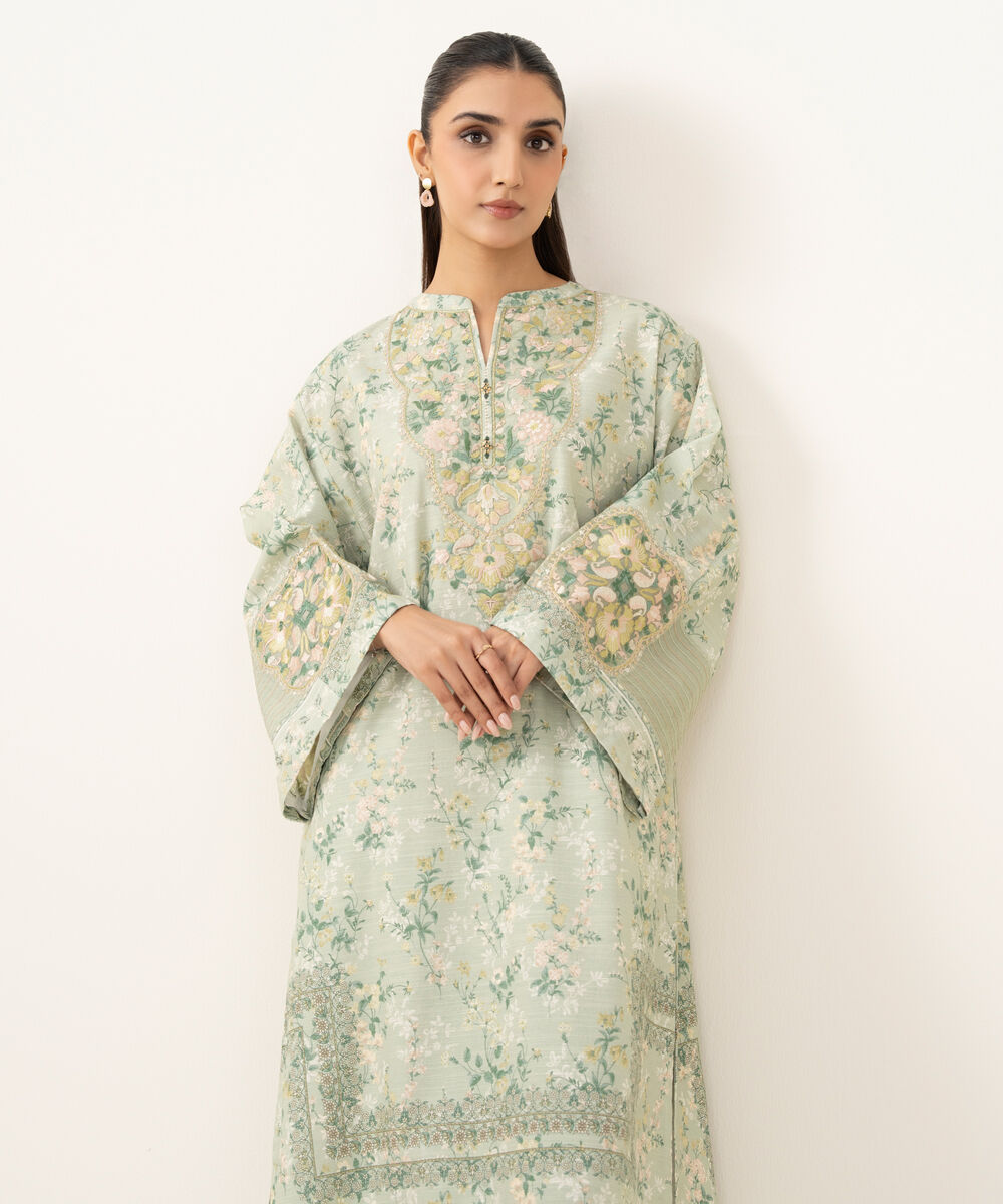 Women's Unstitched Khaddar Embroidered Green 2 Piece Suit