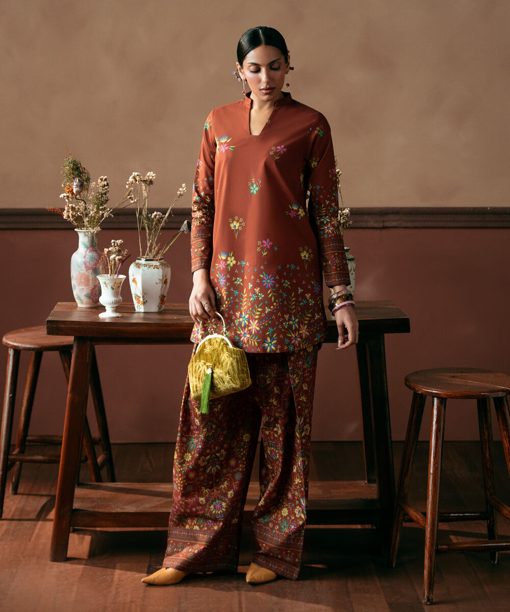 Women's Unstitched Cotton Printed Brown 2 Piece Suit