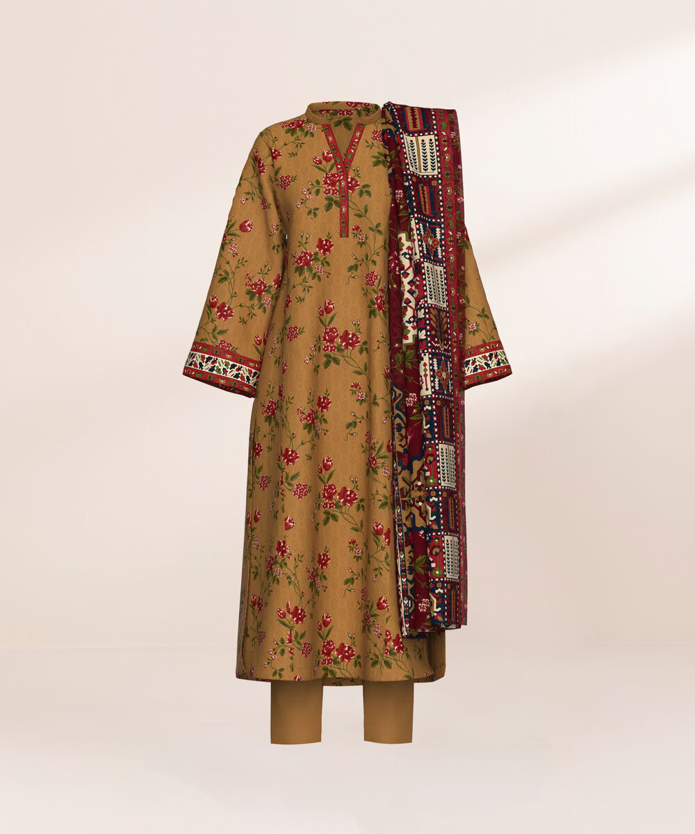 Women's Three Piece Printed Mustard Lawn Suit