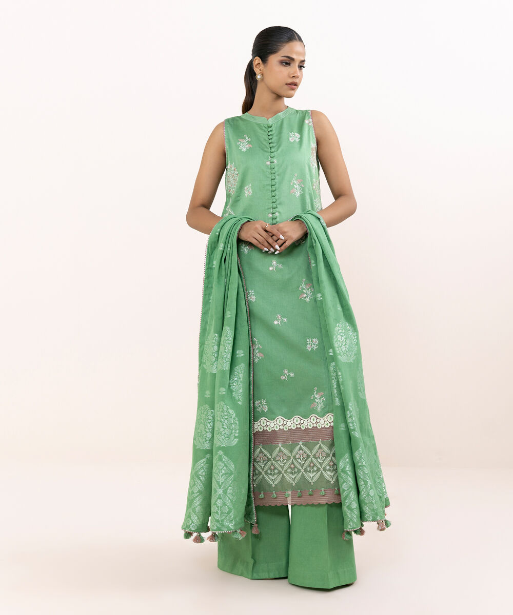 Women's Unstitched Light Cotton Satin Dyed Three Piece Suit