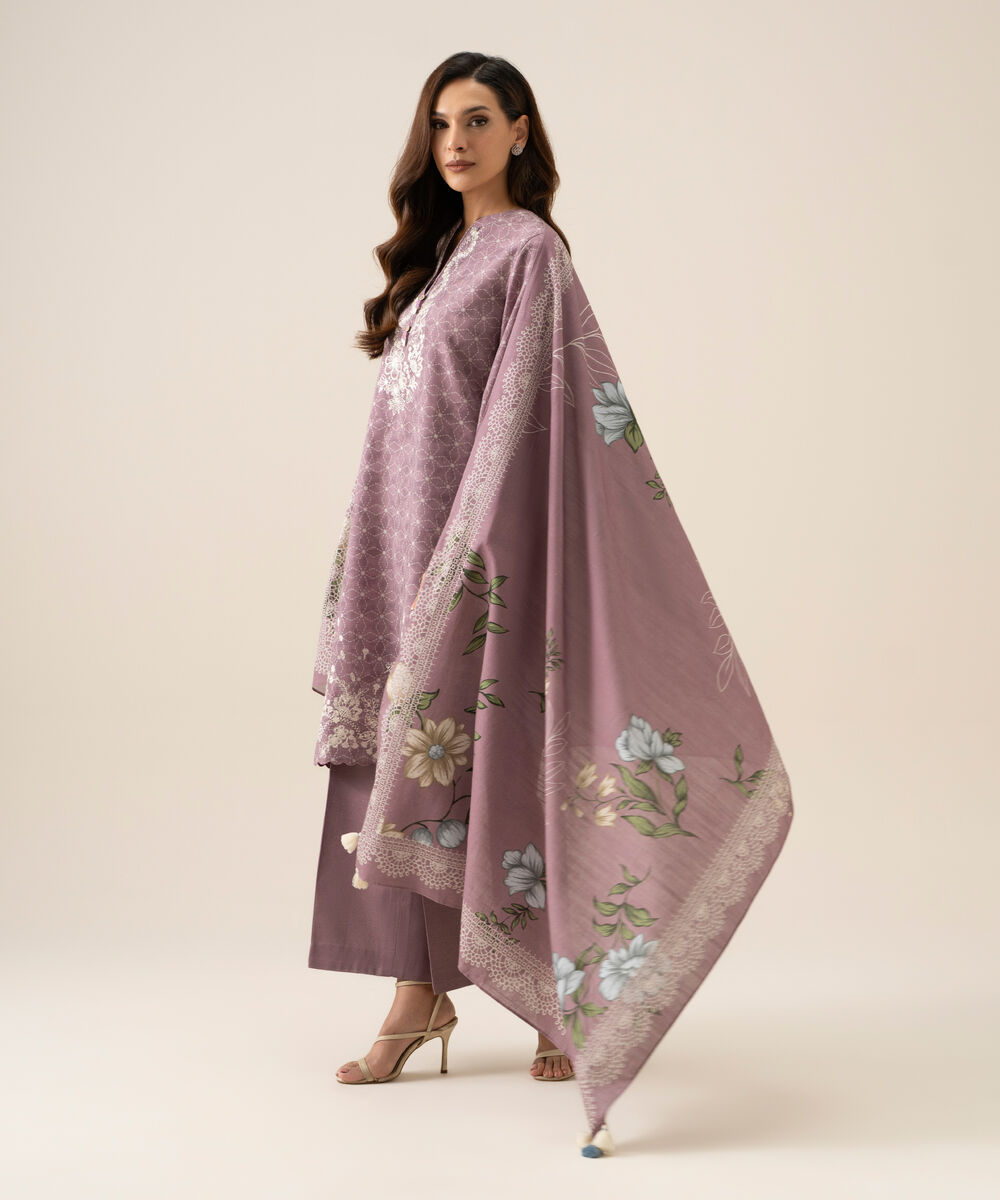 Women's Unstitched Light Khaddar Embroidered Mauve 3 Piece Suit