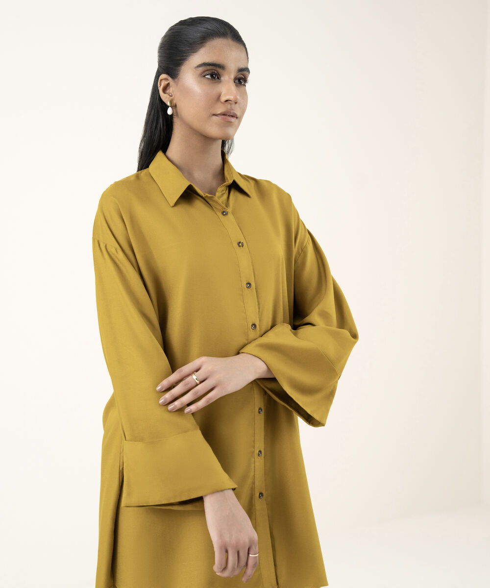 Women's RTW Dobby Mustard Solid Button Down Shirt