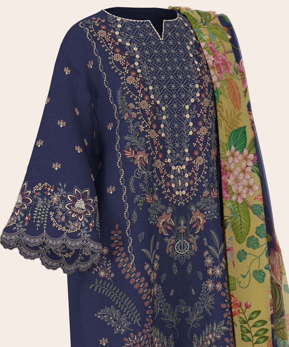 Women's Unstitched Self Jacquard Blue  Embroidered 3 Piece Suit
