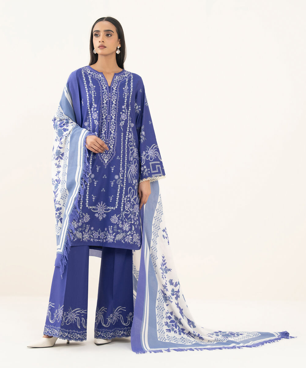 Women's Unstitched Embroidered Khaddar Blue 3 Piece Suit