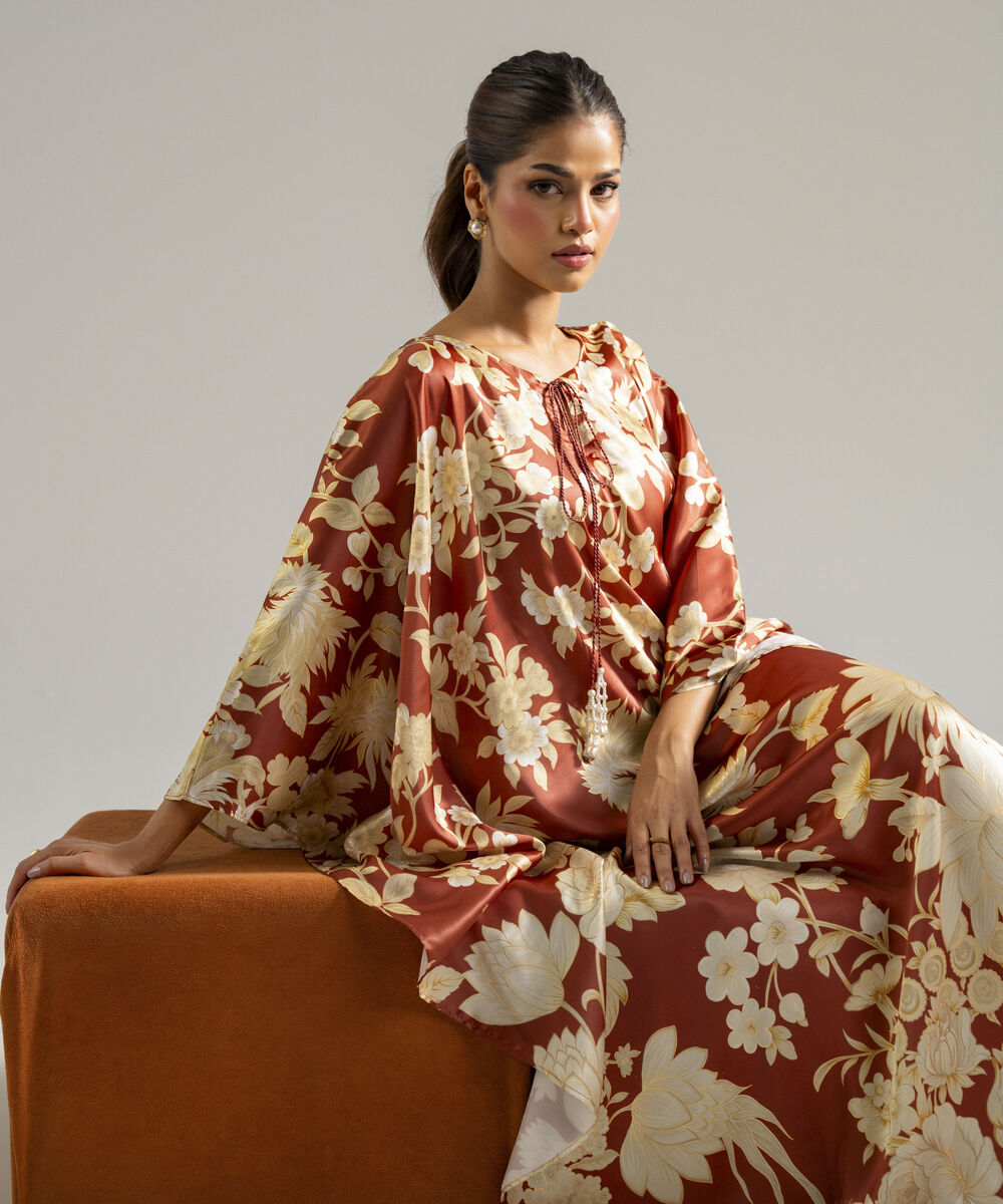 Women's RTW Blended Satin Printed Brown Kaftan