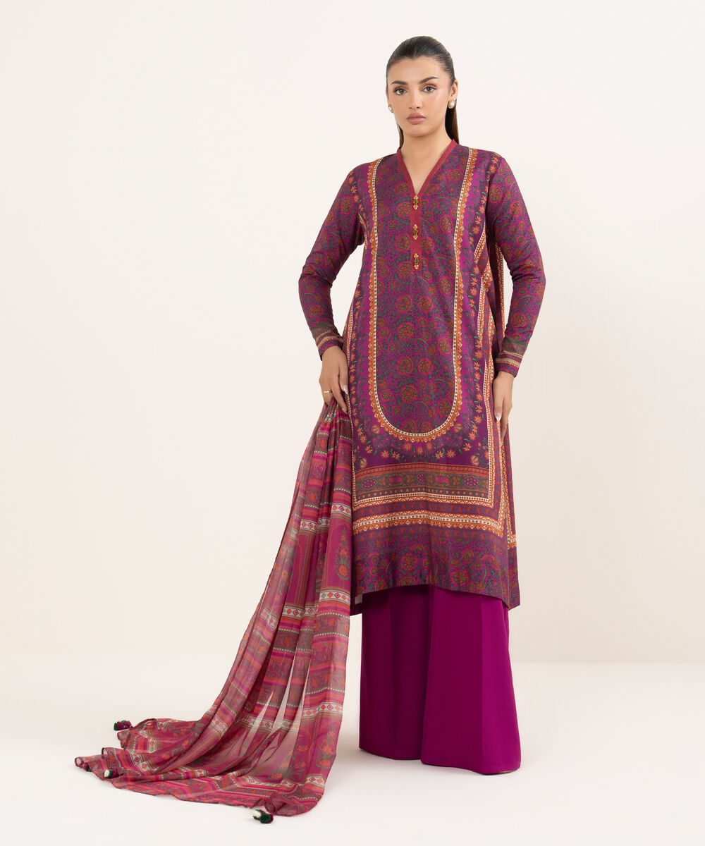 Women's Unstitched Lawn Printed Magenta Three Piece Suit