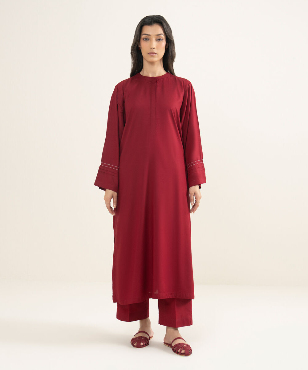Women's RTW Arabic Lawn Solid Red A-Line Shirt