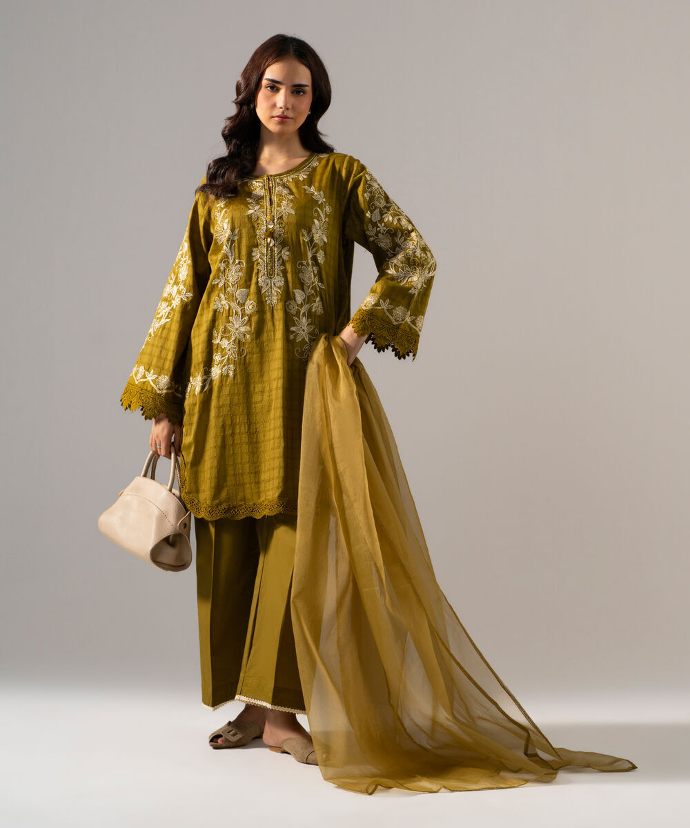 Women's RTW 3D dobby Solid Embroidered Olive Green 3 Piece Suit
