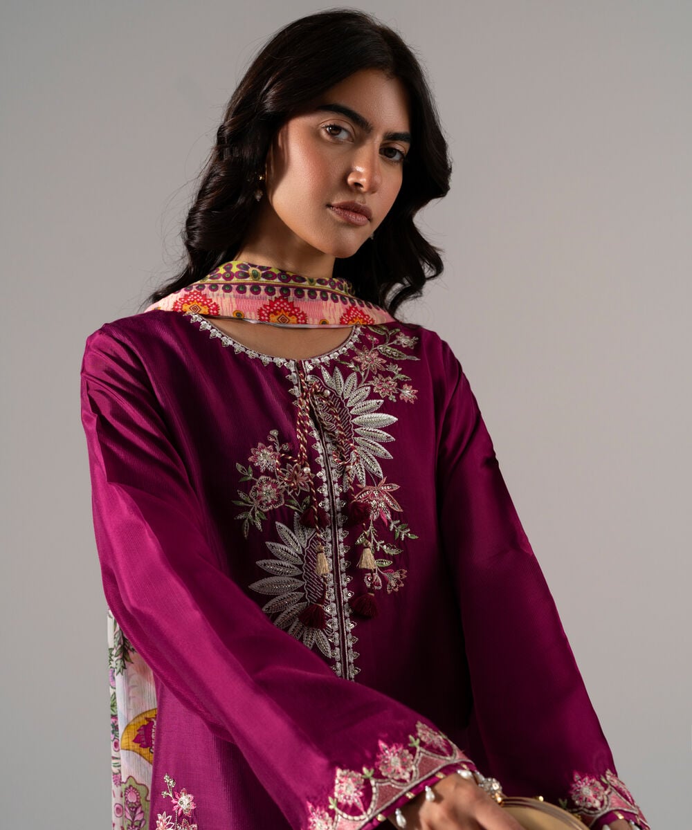 Women's RTW Solid Embroidered Plum Bright Raw Silk 3 Piece Suit