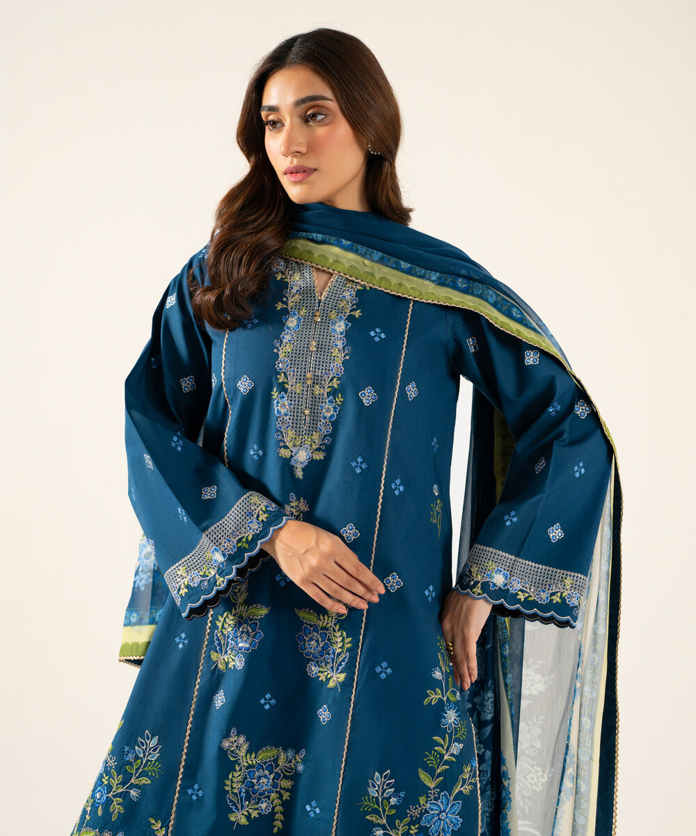 Women's Unstitched Bemberg Tissue Embroidered Blue 3 Piece Suit