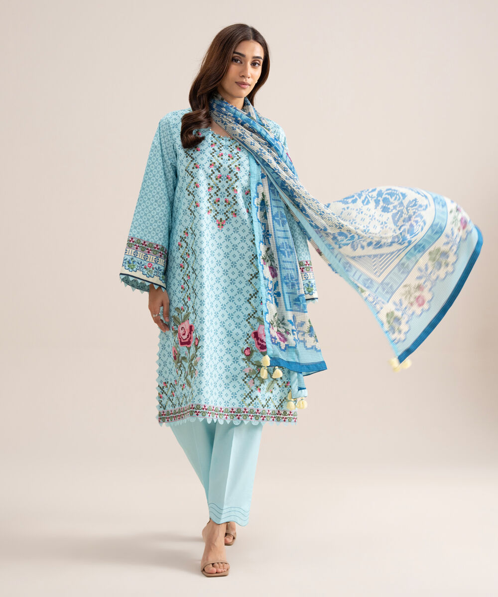 Women's Unstitched Zari Cotton Embroidered Sky Blue  3 Piece Suit