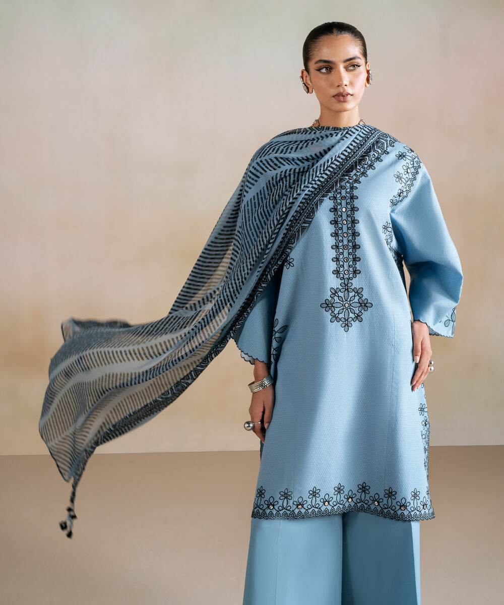 Women's Unstitched Dobby Embroidered Blue 3 Piece Suit