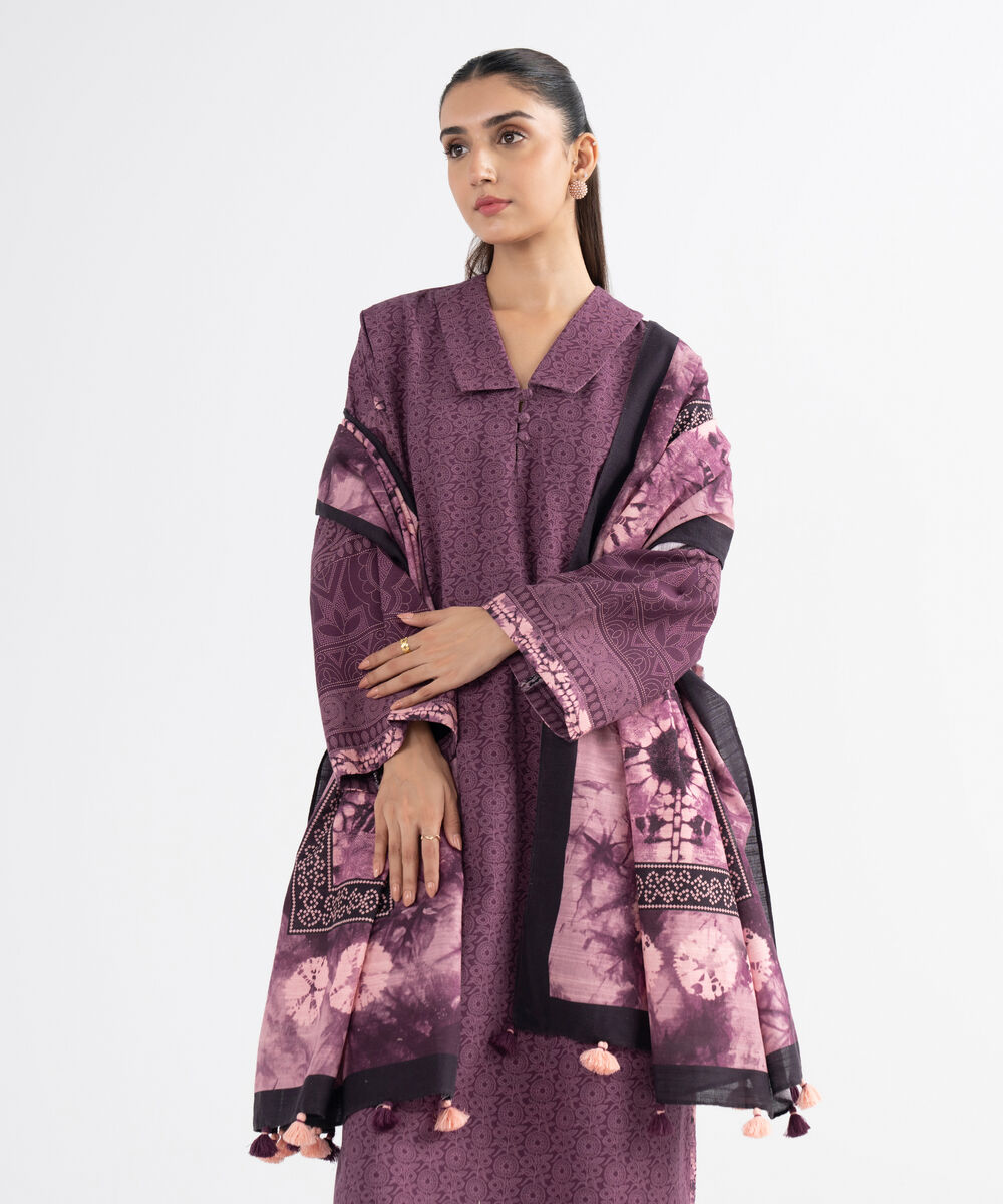 Women's Unstitched Light Khaddar Printed Purple 3 Piece Suit