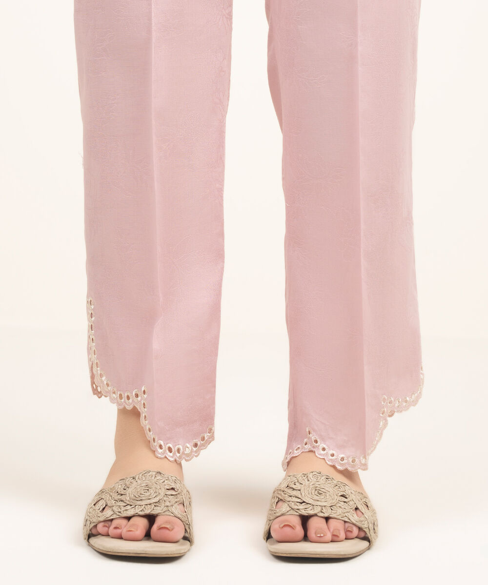 Women's RTW Self Jacquard Embroidered Pink Straight Pants