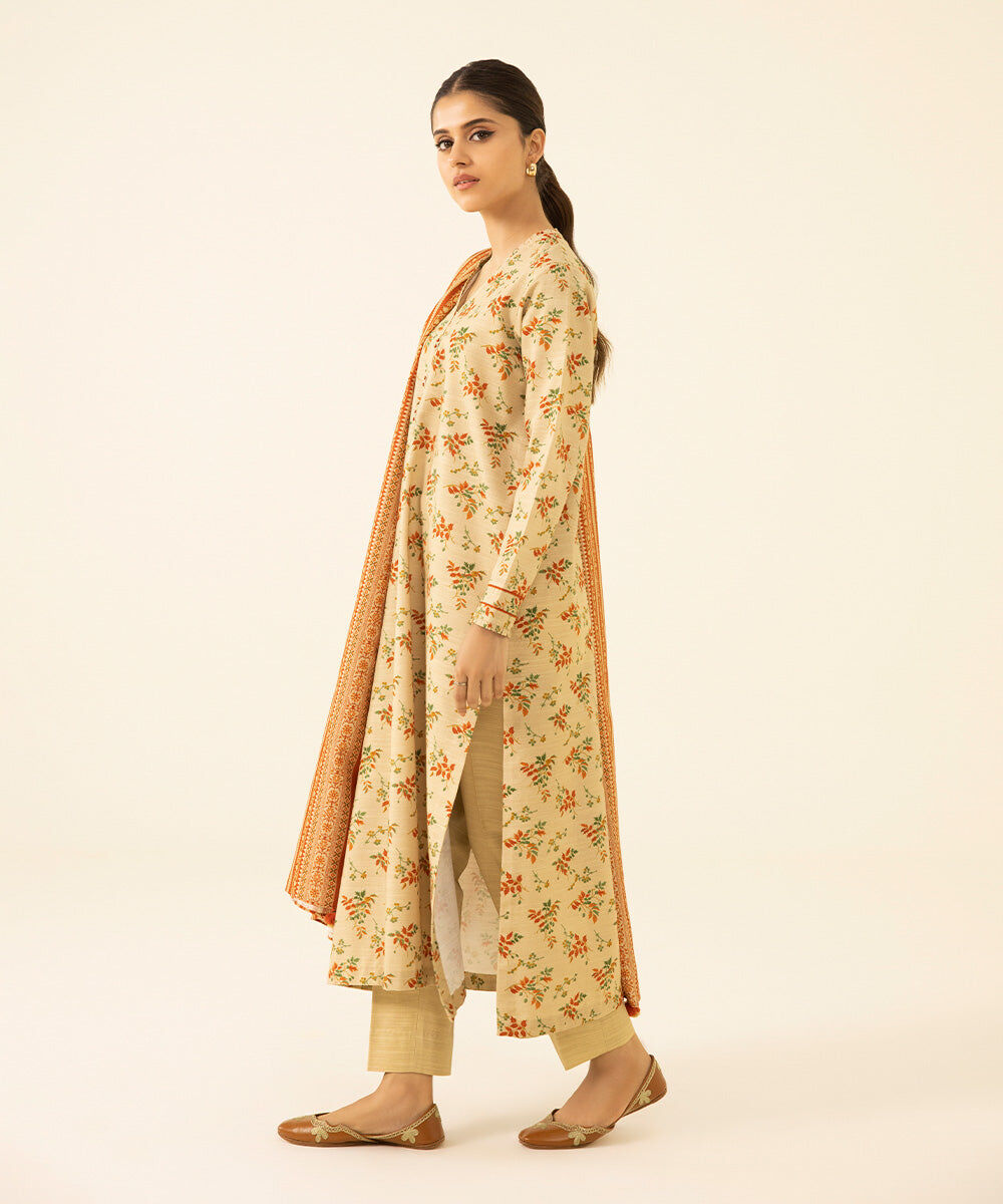 Women's Unstitched Printed Khaddar Beige 3 Piece Suit
