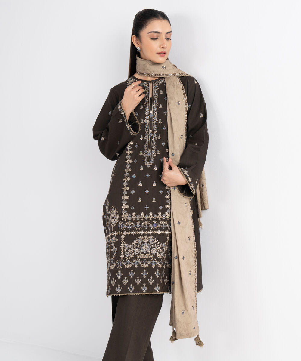 Women's Unstitched Cross Hatch Embroidered Brown 3 Piece Suit